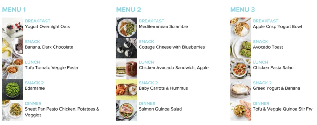 Client menus of their meal plan, includes breakfast two snacks, lunch and dinner 
